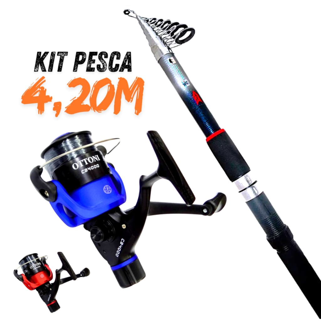 Kit de Pesca Completo Vara 4,20 metros Retrátil Resistente Molinete 4000 Grande Linha Monofilamento Pescaria Rio Mar