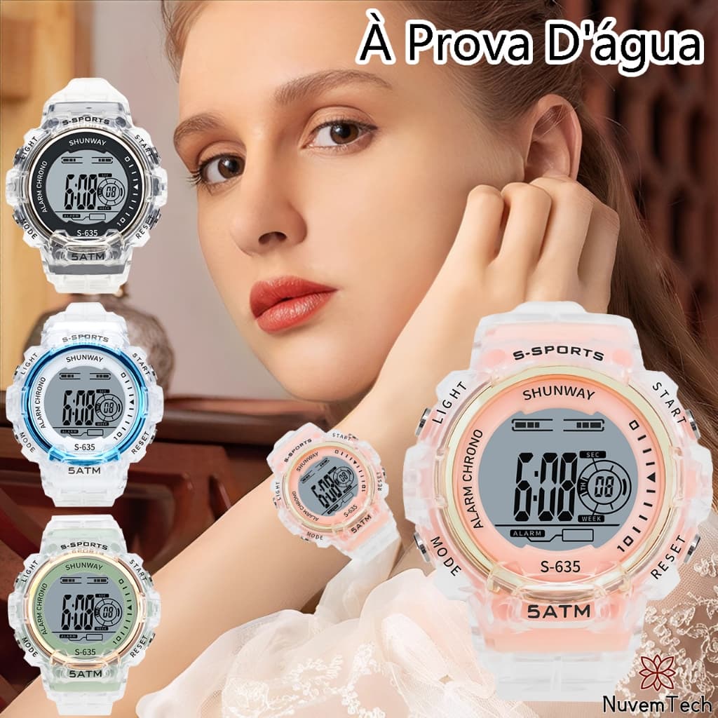 Relógio Digital Feminino Fashion LED Luminoso Esportivo À Prova D'água Relógio De Pulso Eletrônico Mulher Transparente