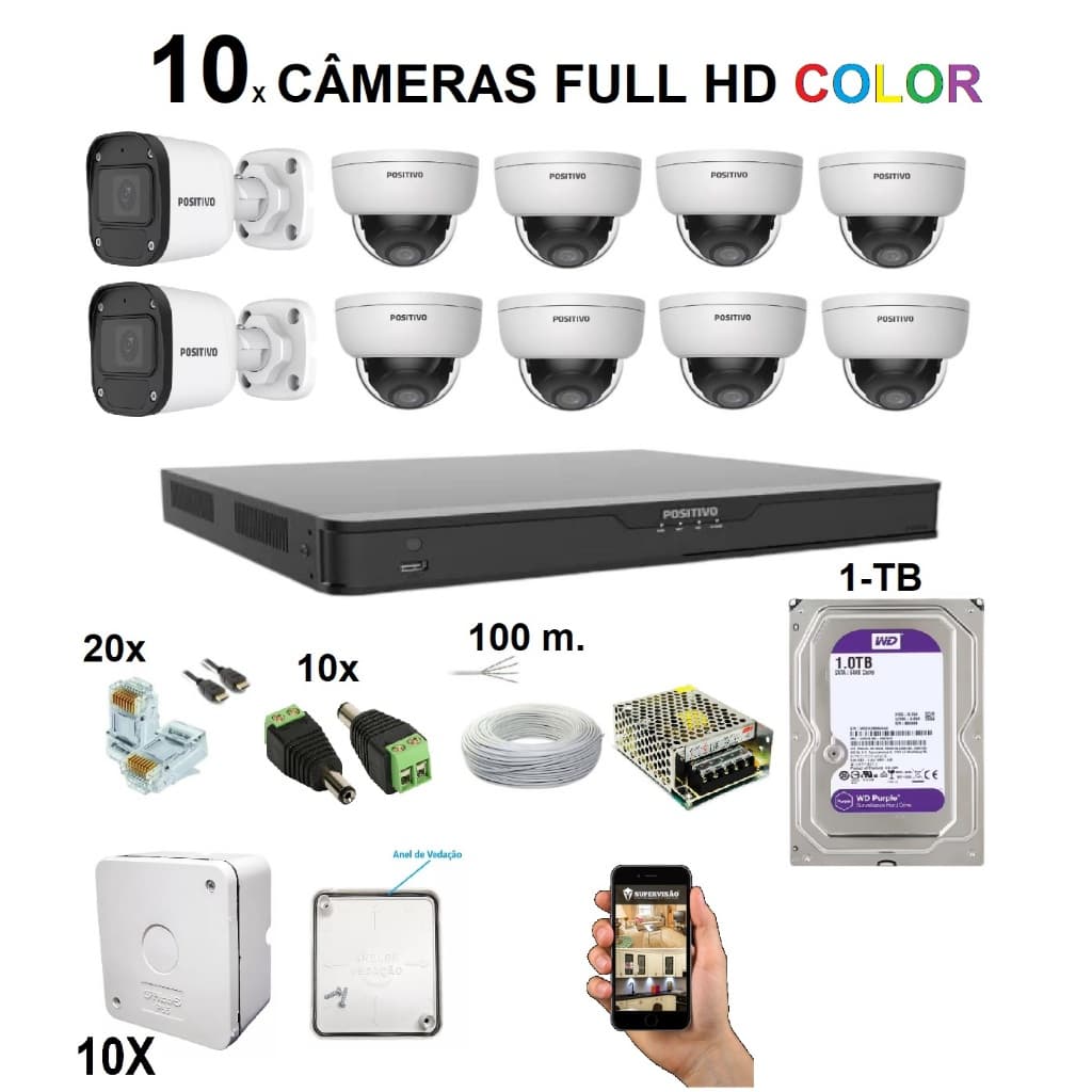 Kit NVR CFTV 10 câmeras Full HD Color + áudio  IP em rede + fonte + 1TB + cabo + acesso remoto