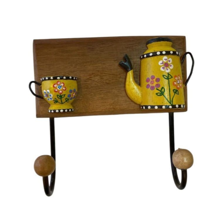 Cabide De Madeira Maciça Dois Ganchos Bule e Xícara/ Amarelo