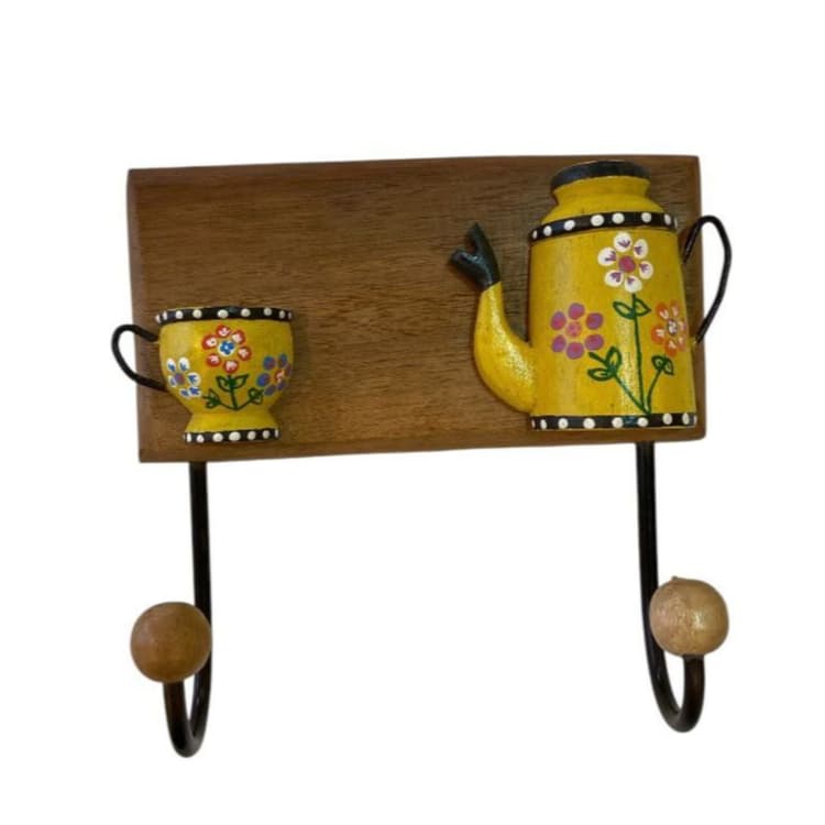 Cabide De Madeira Maciça Dois Ganchos Bule e Xícara/ Amarelo