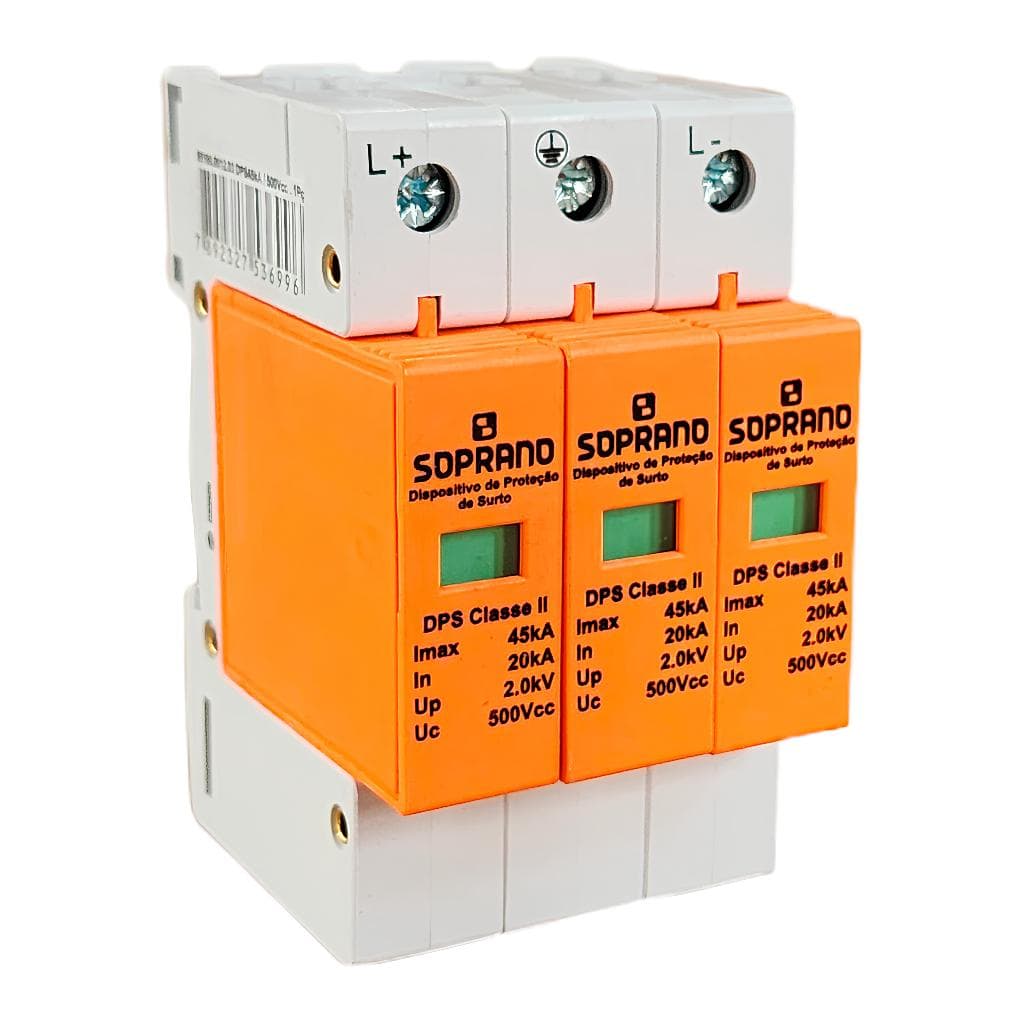 Protetor DPS Solar Soprano Tensão Máxima 500V 20ka de 3 Pólos, Classe II, Corrente Contínua