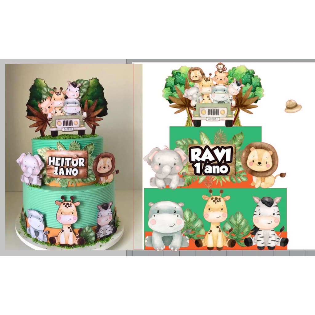 Topo de Bolo Safari Personalizado - Tema Animais da Selva - topo de bolo personalizado