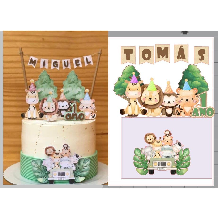 Topo de Bolo Safari Personalizado - Tema Animais da Selva