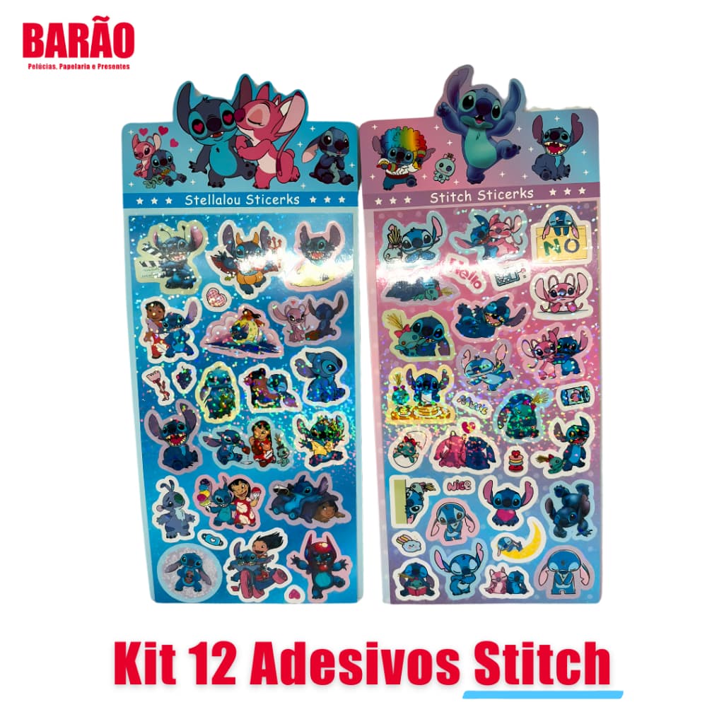 kit 12 adesivos stitch holográfico com glitter / papelaria volta as aulas