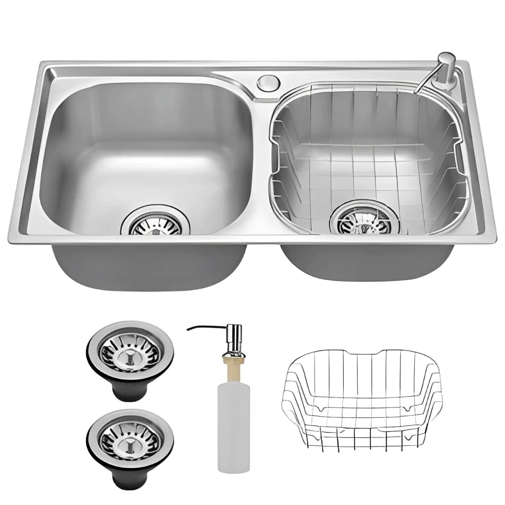 Cuba Cozinha Gourmet Dupla Aco Inox 78x43x20CM,1,2mm Espessura, Com Acessórios Embutir