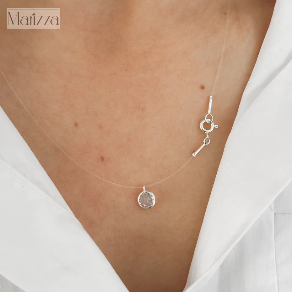 Colar Ponto de Luz Nylon Redondo Prata 925 Legítima Zircônia Feminino