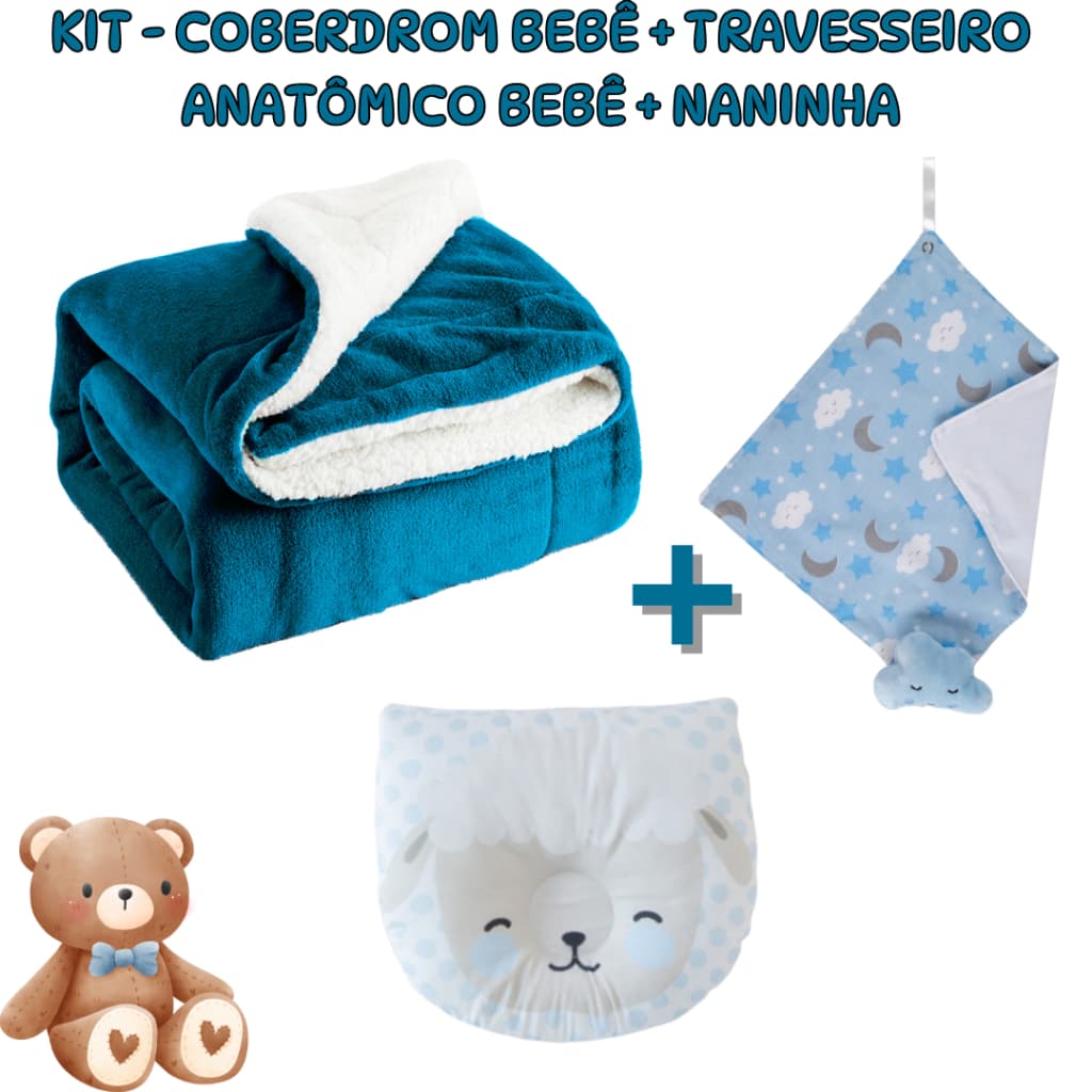 Kit 3 Itens Completo de Descanso para Bebê – Coberdrom Sherpa + Travesseiro Anatômico + Naninha /