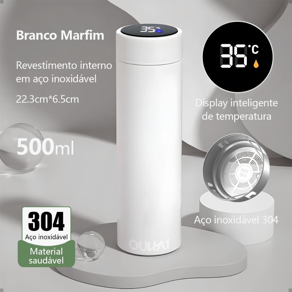 Garrafa Copo térmico de aço inox 500ML com display digital de temperatura, ideal para viagens, academia e escritório