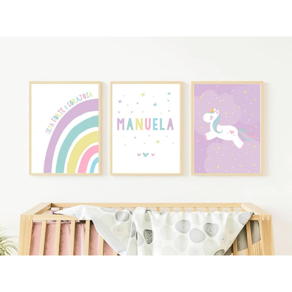Kit Quadros Infantil Unicórnio Nome e Arco Íris Colorido