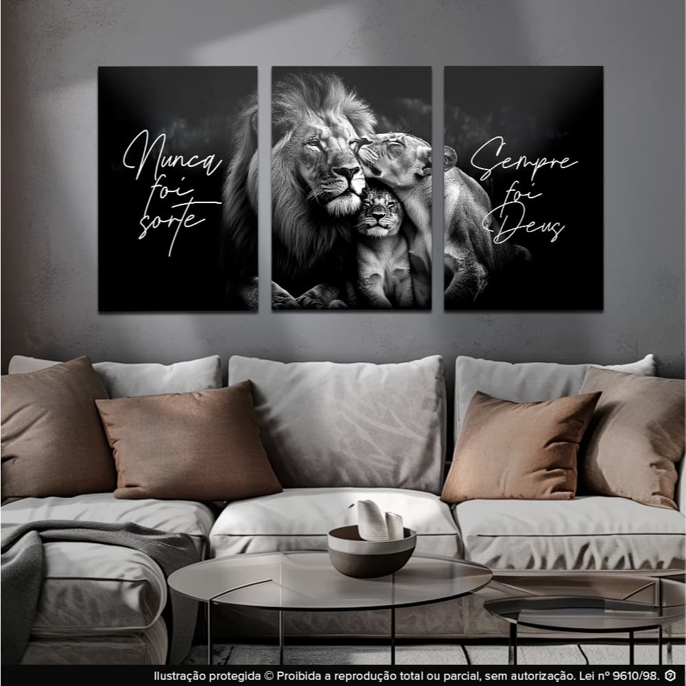 Quadro Decorativo casal leão com filhote nunca Foi Sorte sempre foi Deus Para Sala Grande 4K MDF 3 Peças