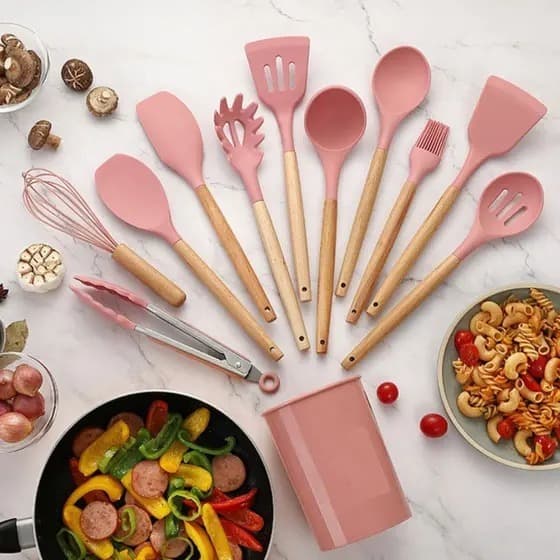 Kit Jogo 12 Peças Utensílios de Cozinha Cor ROSA Silicone Colher Espátula kitchen Livre de BPA Antiaderente com Suporte