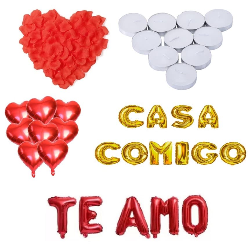 Kit 300 Pétalas + 6 Balões + 6 Velas + Te Amo + Casa Comigo