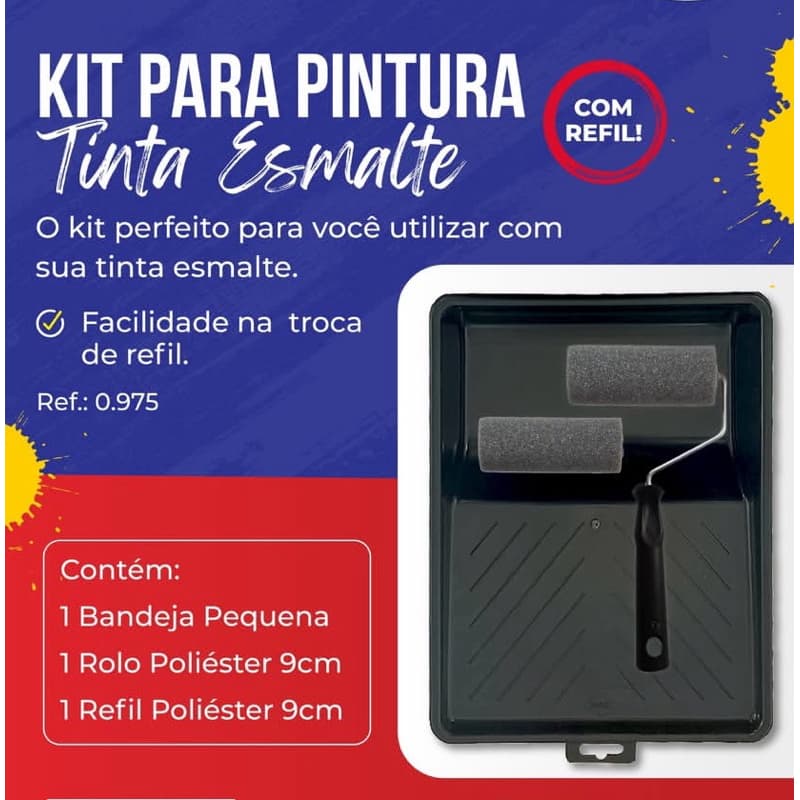 Kit Pintura P/ Tinta Esmalte Sintético de Espuma Poliéster C/ Bandeja, Rolo e Refil