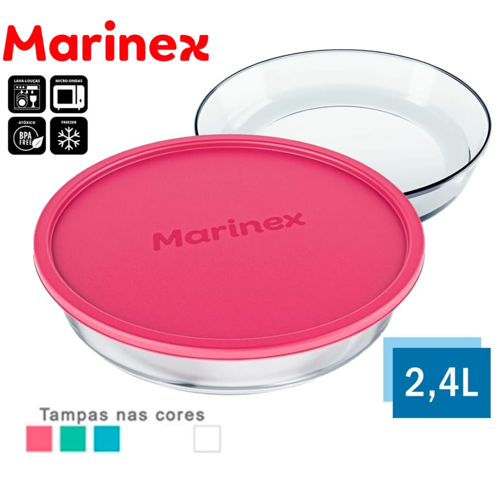Assadeira Redonda 2,4L com Tampa Sortidas Marinex De Vidro Temperado Circular Para Sobremesas