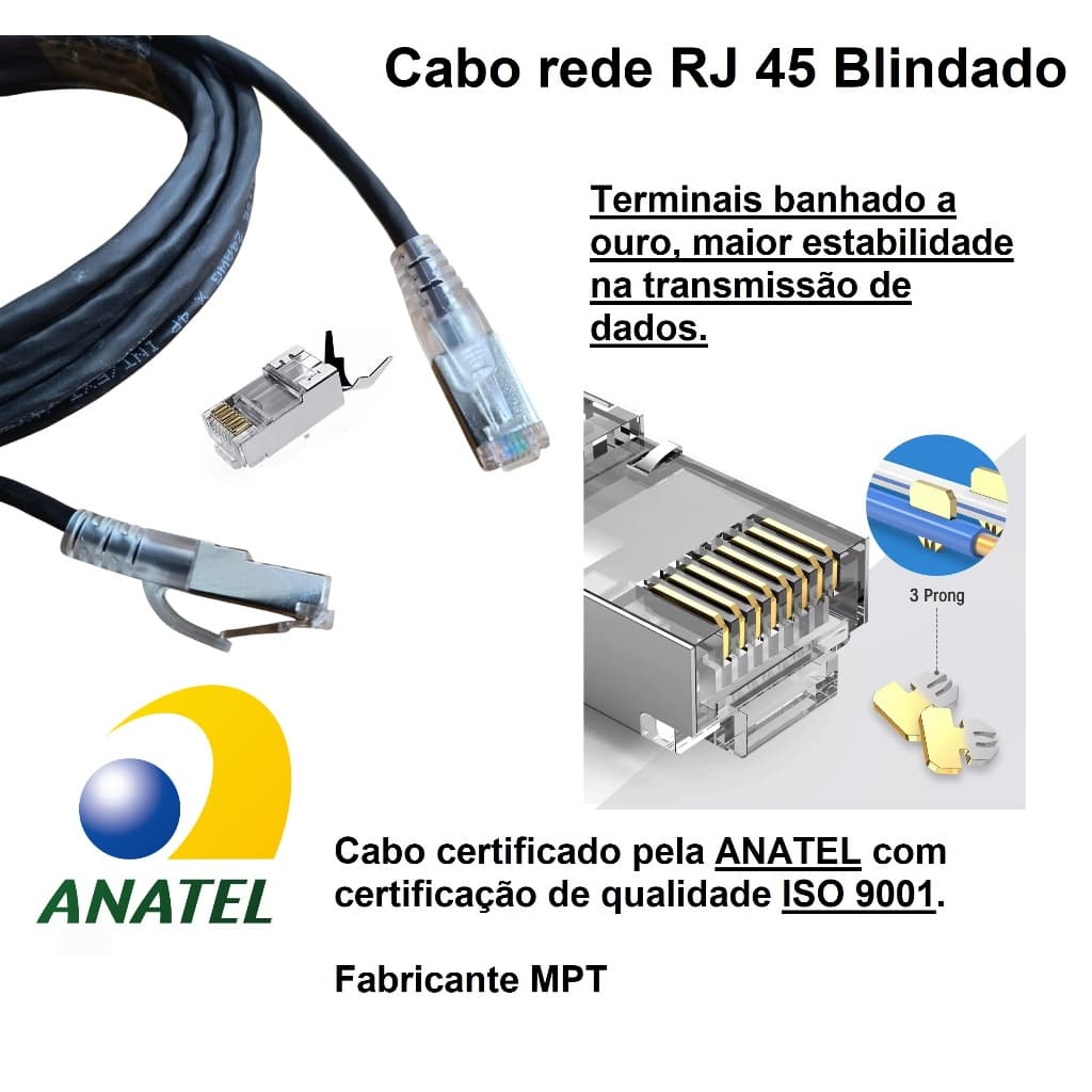 Cabo de rede LAN Ethernet RJ45 blindado 5m 10m 15m 20m 30m  ANATEL iso 9001