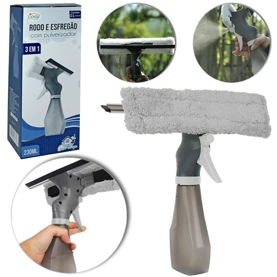 Rodo Limpa Vidro C/Microfibra e Pulverizador de Plástico 250ml - Limpeza Facil - Esfregão + Rodo Premium  Envio Imediato