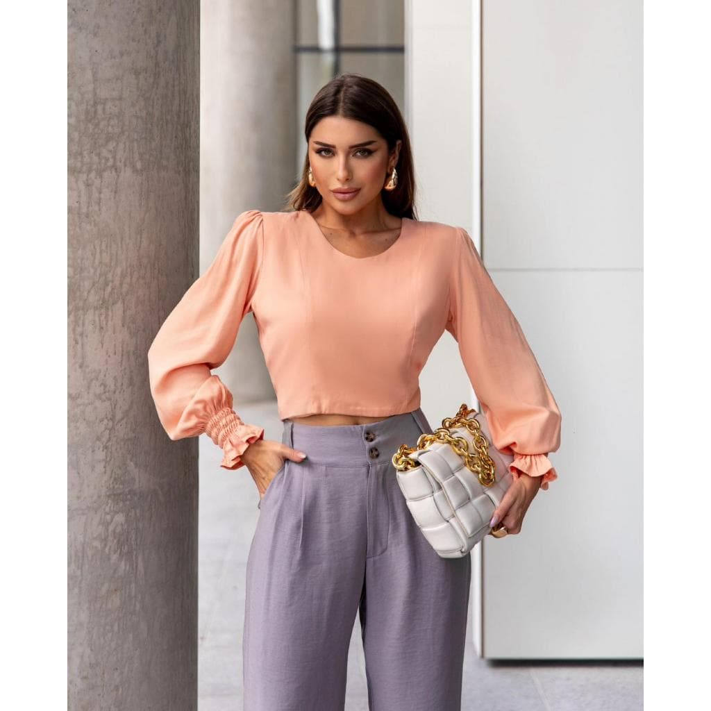 Camisa Social Feminina Cropped De Manga Comprida Tecido Viscose e Tricoline Casual Elegante Trabalho Passeio Dia E Noite