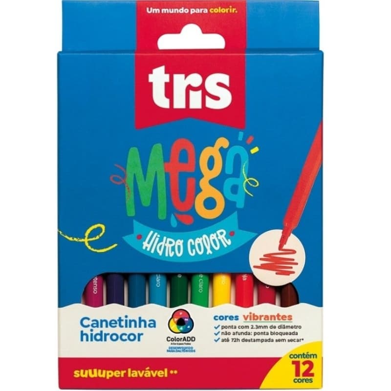 Caneta Hidrocor Tris Mega Hidro Color 12 Cores Vibrantes Canetinha Hidrográfica