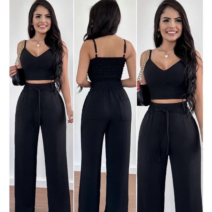 conjunto feminino | alfaiataria | calça pantalona e cropped  bojo | luxo | Alça | duna premium