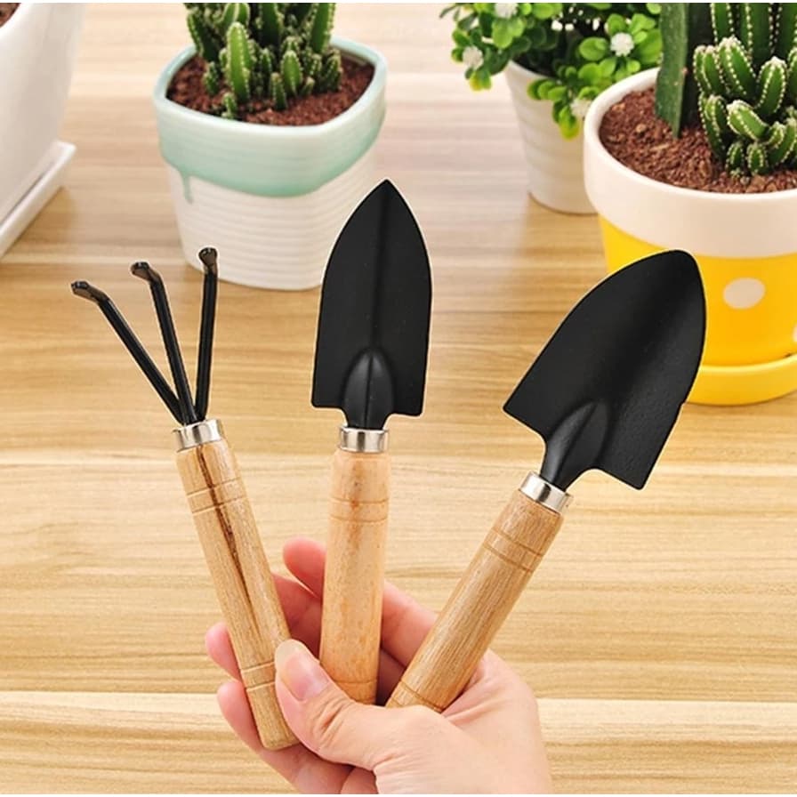 Kit Jardinagem 3 Peças Conjunto Ferramentas Pá Ancinho Cabo de Madeira Horta Jardim