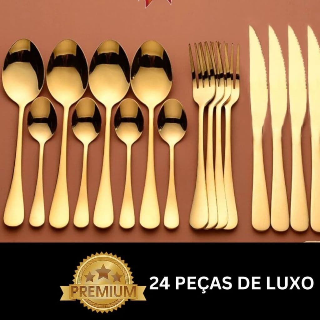 Talheres de Aço Inox 24 Peças Dourada Garfo e Colher e Faca Faqueiro Jogo De Talheres 24 Inox Mesa