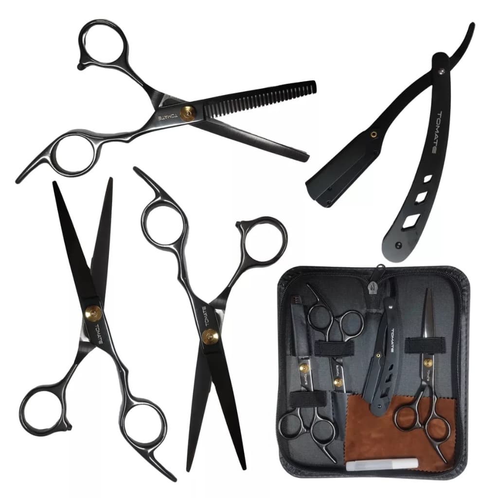 Kit 3 Tesouras Profissionais Barbeiro Fio Navalha, Desbaste, Laser e Navalhete + Estojo Tomate