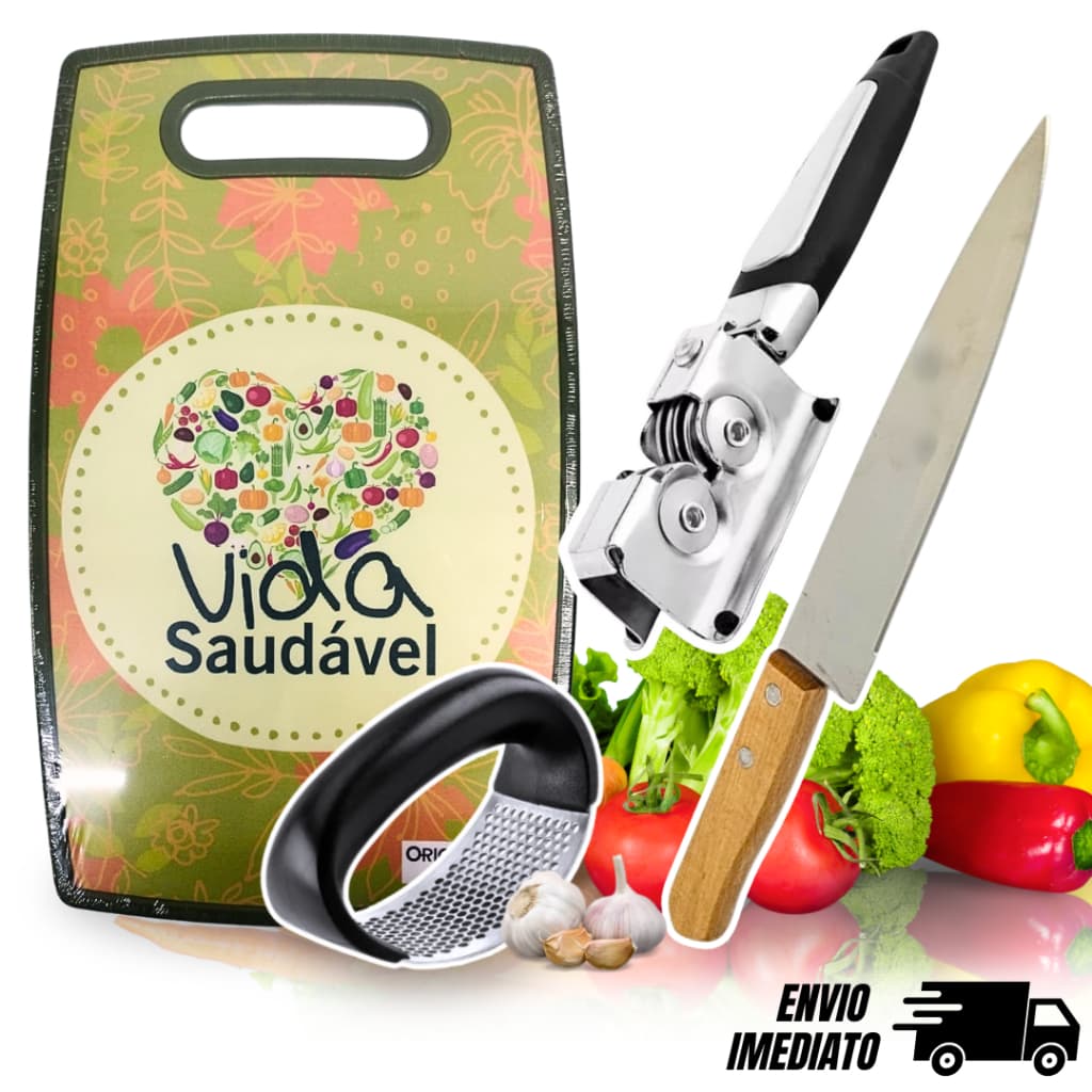 Faca e Tábua de Corte + Amolador e Amassador de Alho Kit 4 Peças Cozinha Comida Utilidade Churrasco