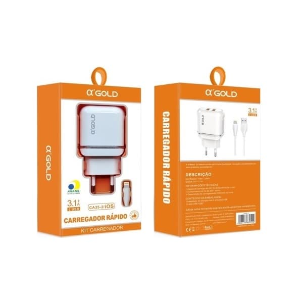 Carregador Rápido 2 Portas USB 3.1 A'Gold
