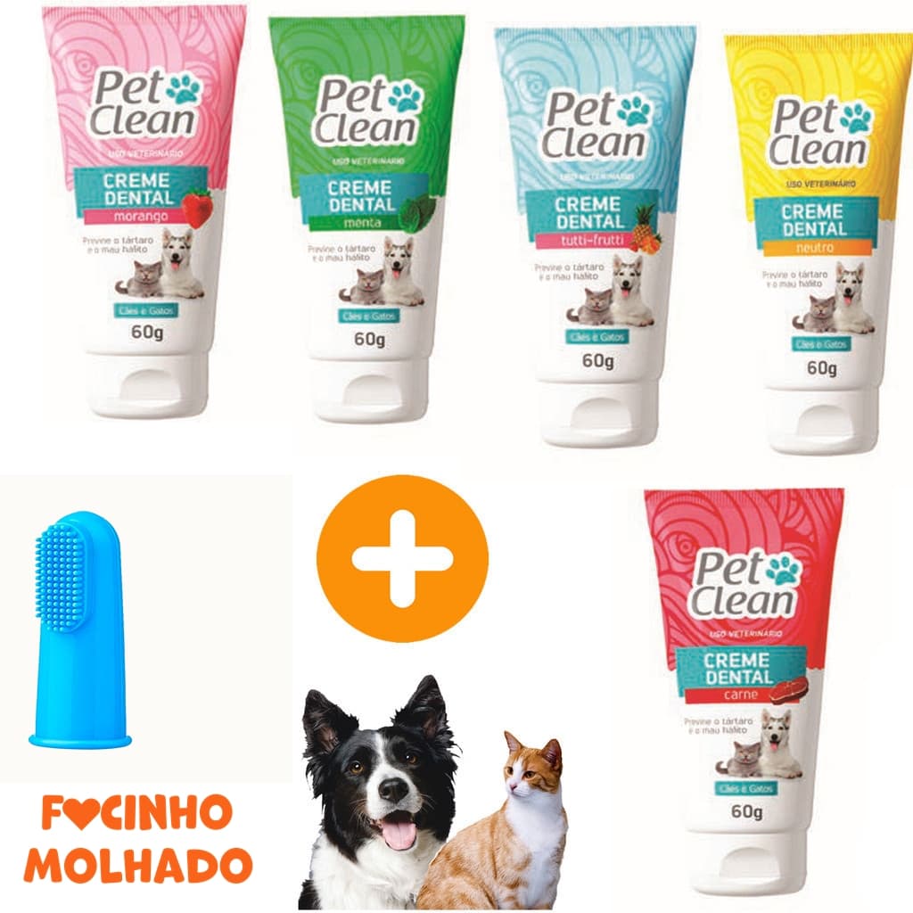 Creme Dental para Pet + Escova Dedeira para Cachorros e Gatos Pet Clean Sabores Diversos