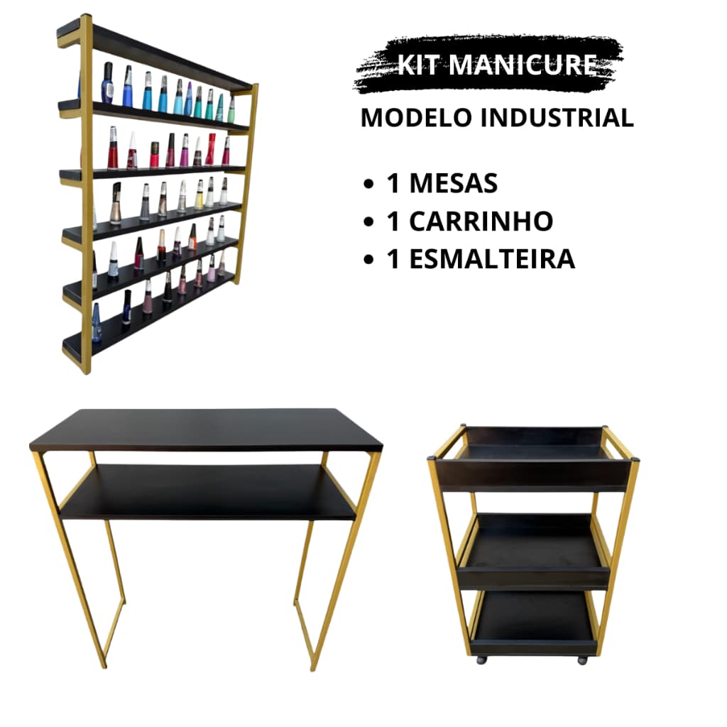 Kit Mesa Manicure + Carrinho Auxiliar + Expositor de Esmaltes Industrial MDF Preto