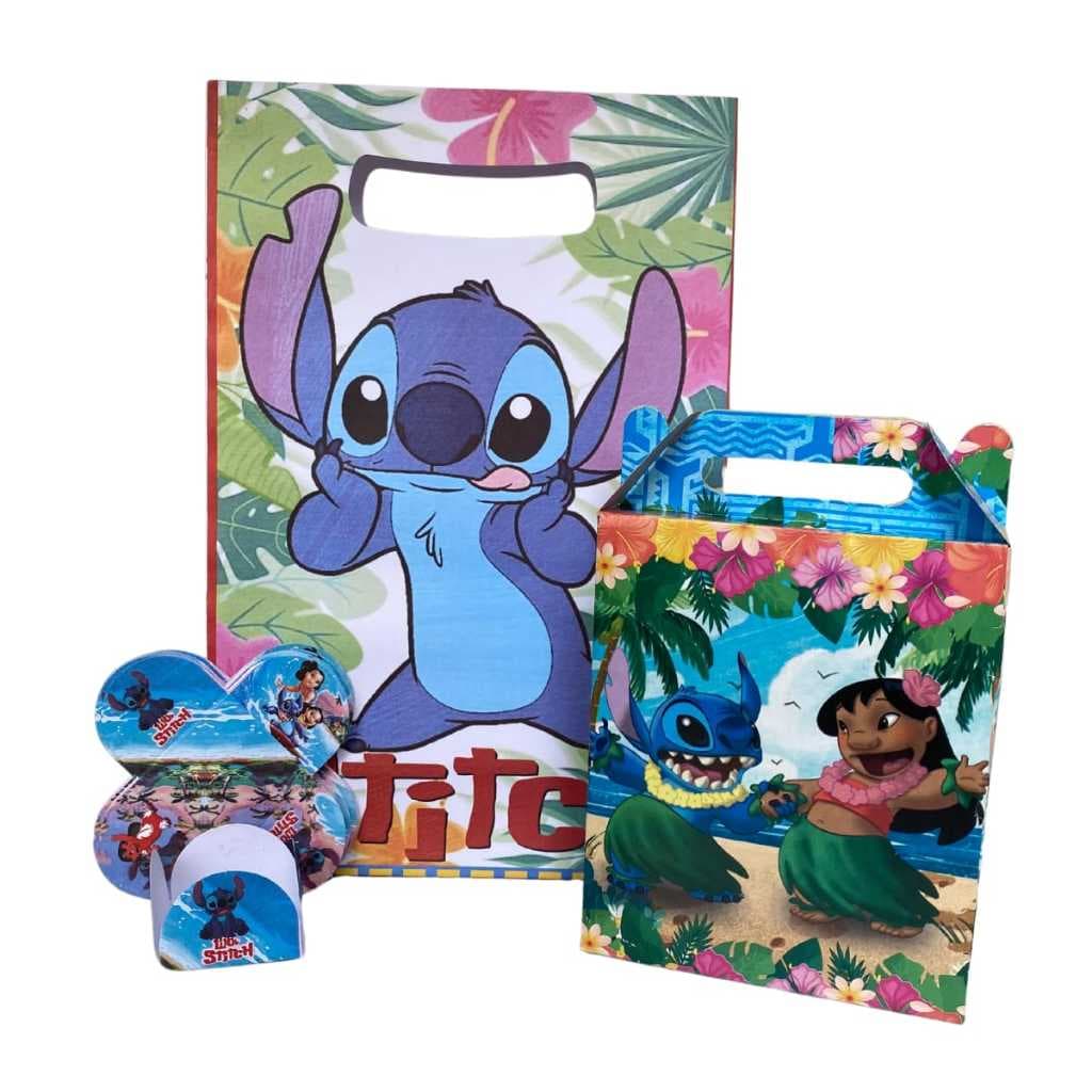 Kit Festa 10 Sacolas  Surpresa Lilo Stitch  +100 Forminhas  Lilo Stitch  + 10 Caixinhas Surpresa  Lilo Stitch