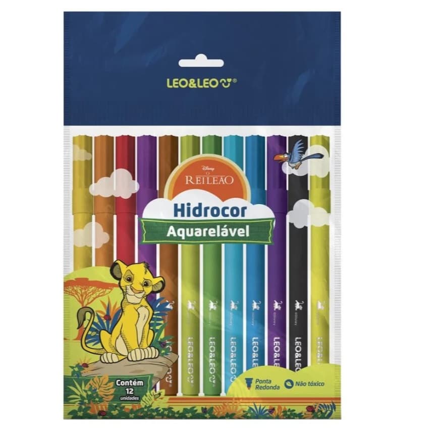 Caneta Rei Leao Hidrocor Aquarelavel 12 Cores Leo e Leo
