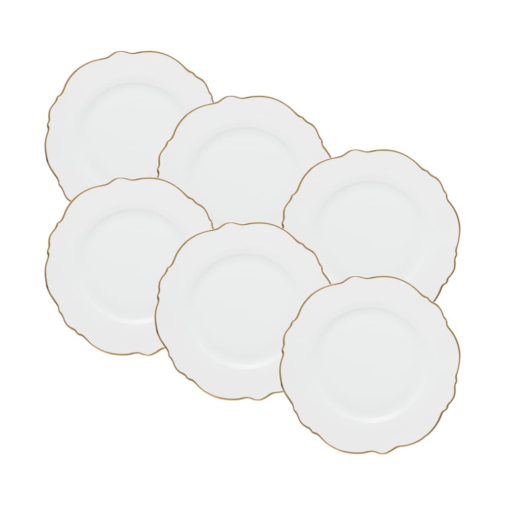 Conjunto 6 Pratos para Sobremesa de Porcelana Maldivas Branco com Fio de Ouro 21cm x 1,5cm - Wolff