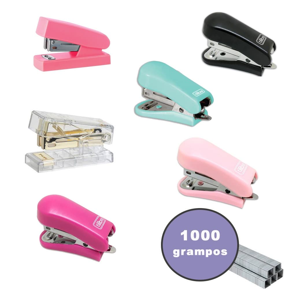 Kit papelaria mini grampeador com 1000 grampos