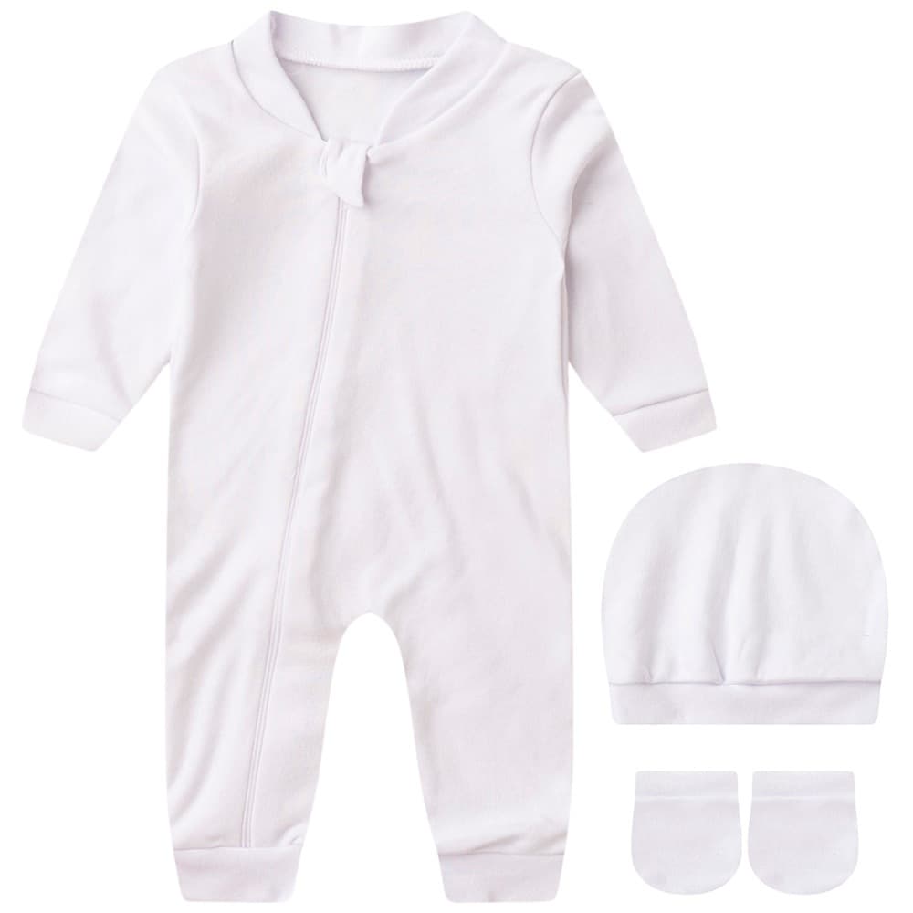 Kit Bebê (3 Peças) Macacão, Touca e Luva Suedine Liso Branco (RN/P)