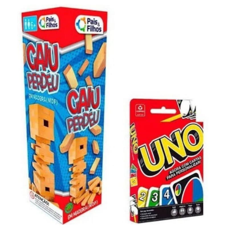 Kit Jogo Torre Caiu Perdeu Pais e Filhos + Jogo do Uno - Presente