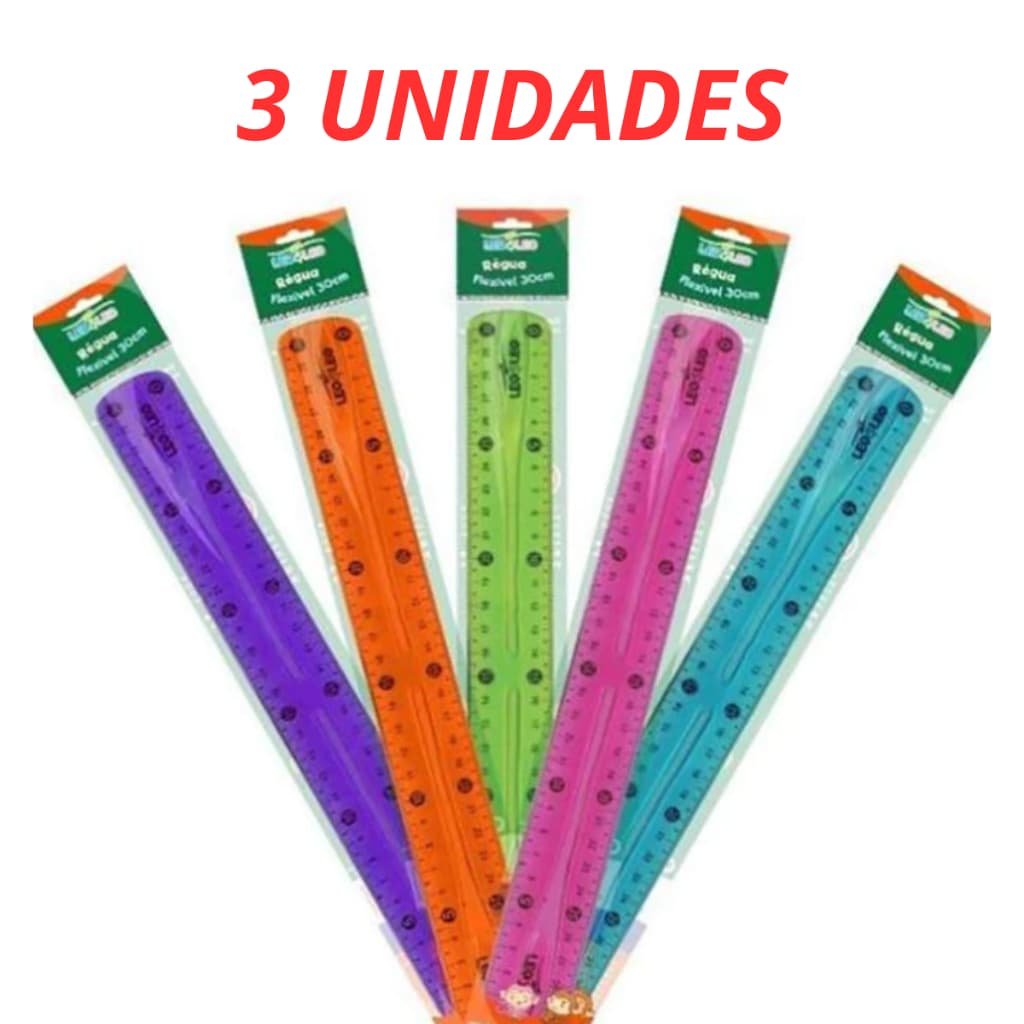 RÉGUA FLEXÍVEL 30 CM CORES – LEO&LEO- 3 UNIDADES