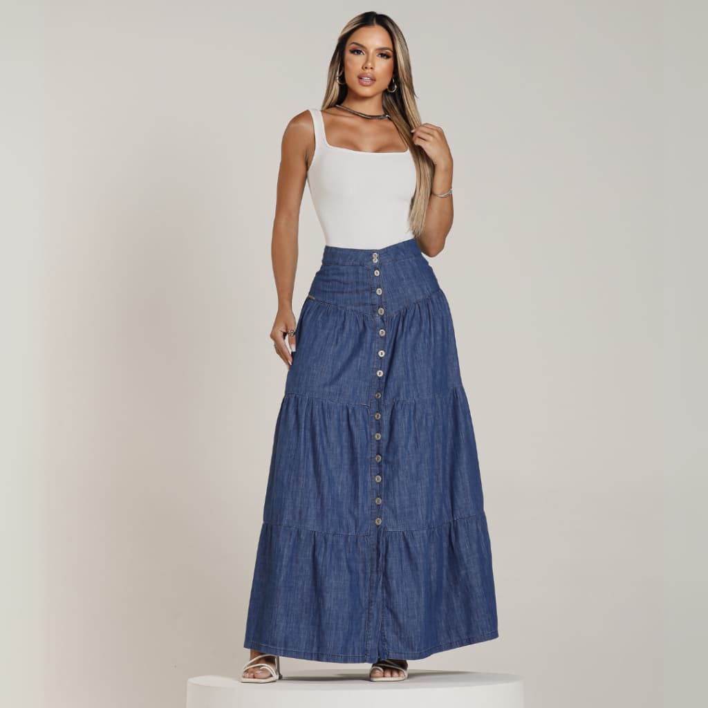 Saia Jeans Longa Rodada Estilo 3 Marias Sem Elastano