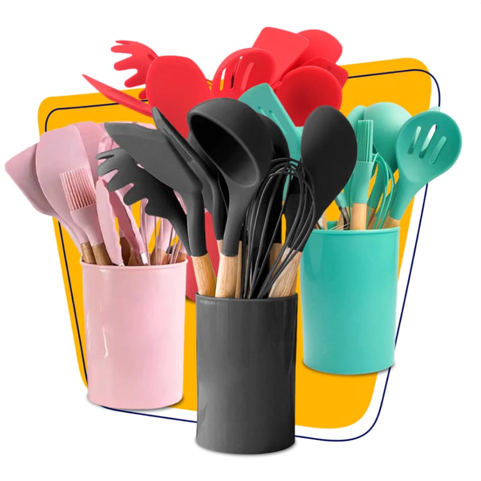 Kit 12 Peças Utensílios Cozinha Silicone Maciço Com Cabo De Madeira Colheres Super Praticas
