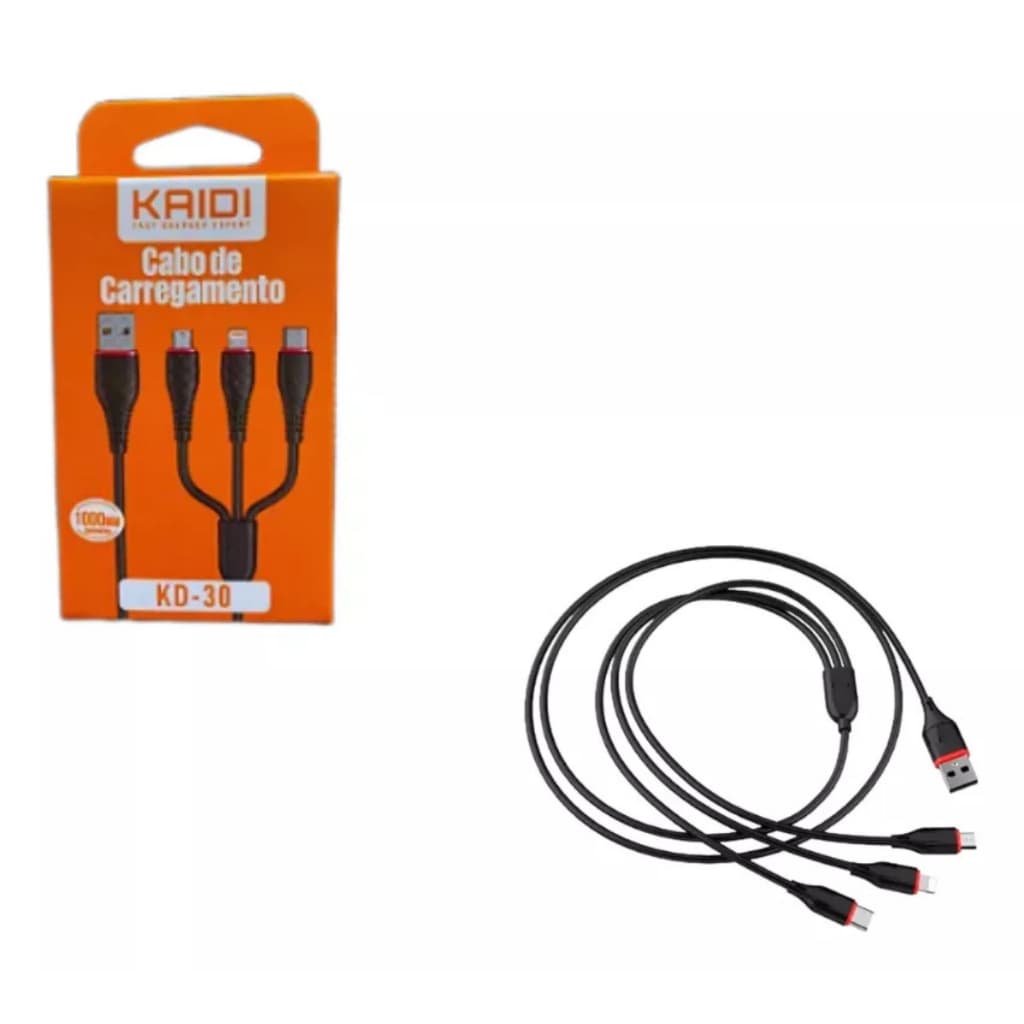 Cabo 3 Ponta Tripla Usb De Carregamento Kaidi Kd-30 Cor Preto