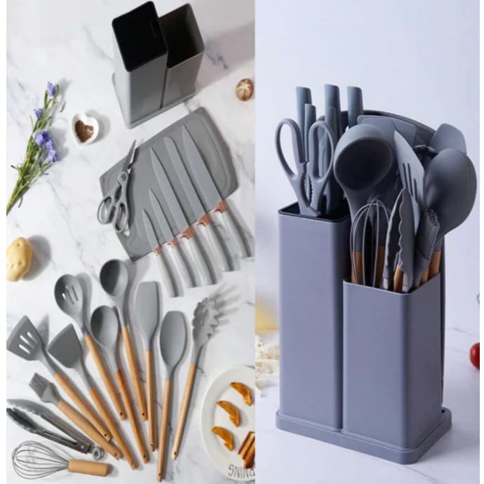 Conjunto De 19 Pçs De Cozinha Em Silicone Com Cabo Em Madeira - Kit Completo De Utensílios