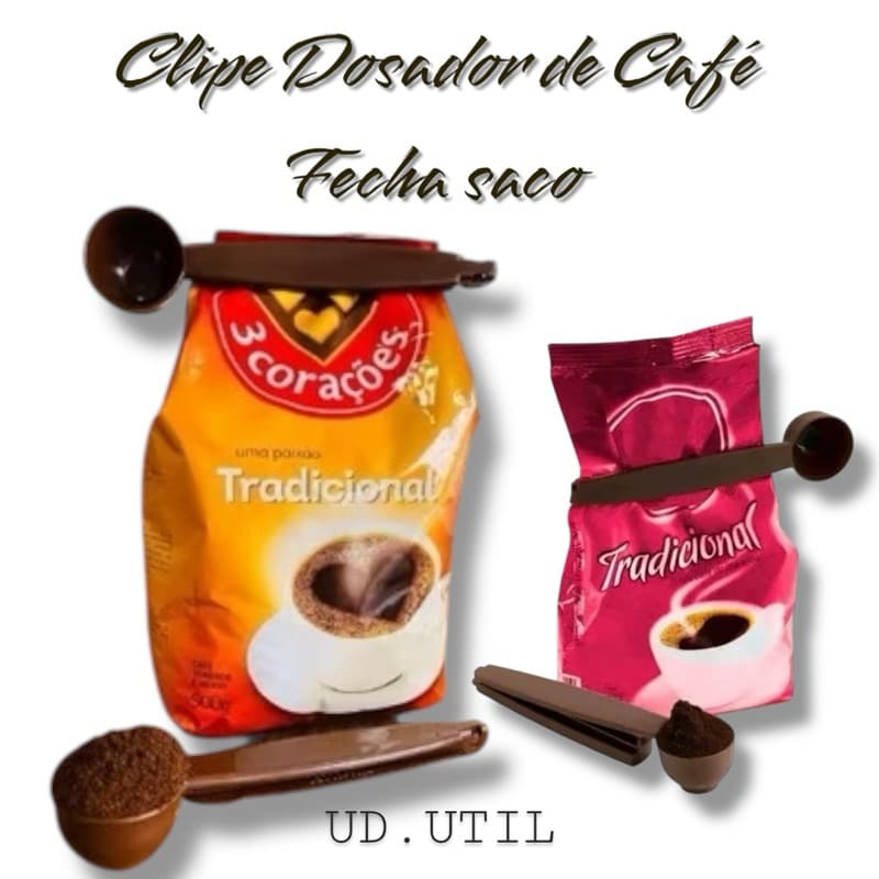 Clip Fecha Embalagem com Dosador para Café Açúcar Leite em Pó Farinha Farinaceos e Outros Alimentos 2 Em 1