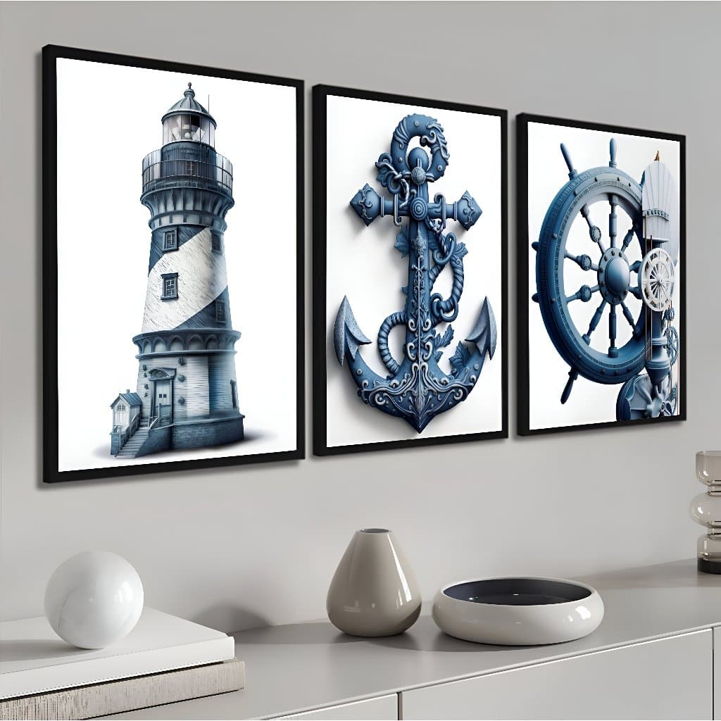 Kit 3 Quadros decorativo Marinheiro Praia Ondas Ancoras Farol Leme