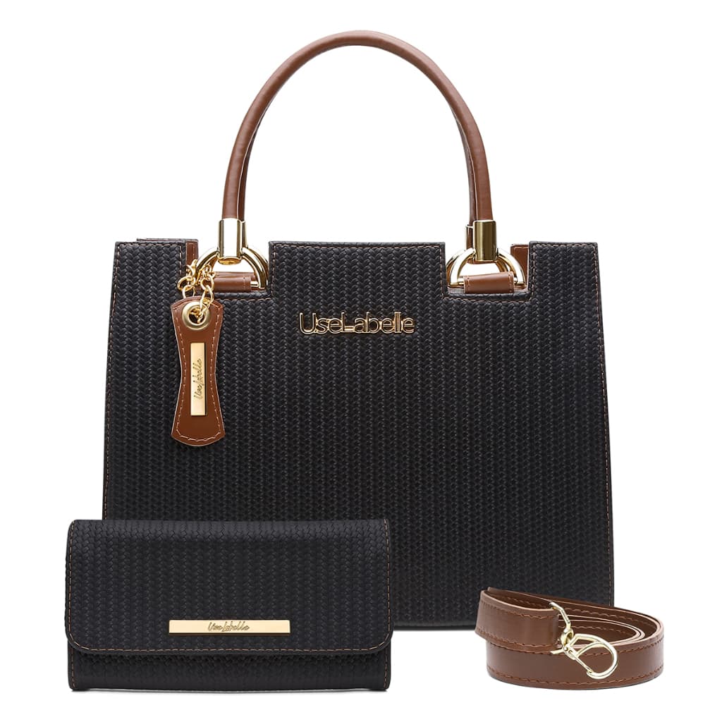 Bolsa Original Couro Clássica Preto Café + Carteira Luxo + Alça Metais em Dourado