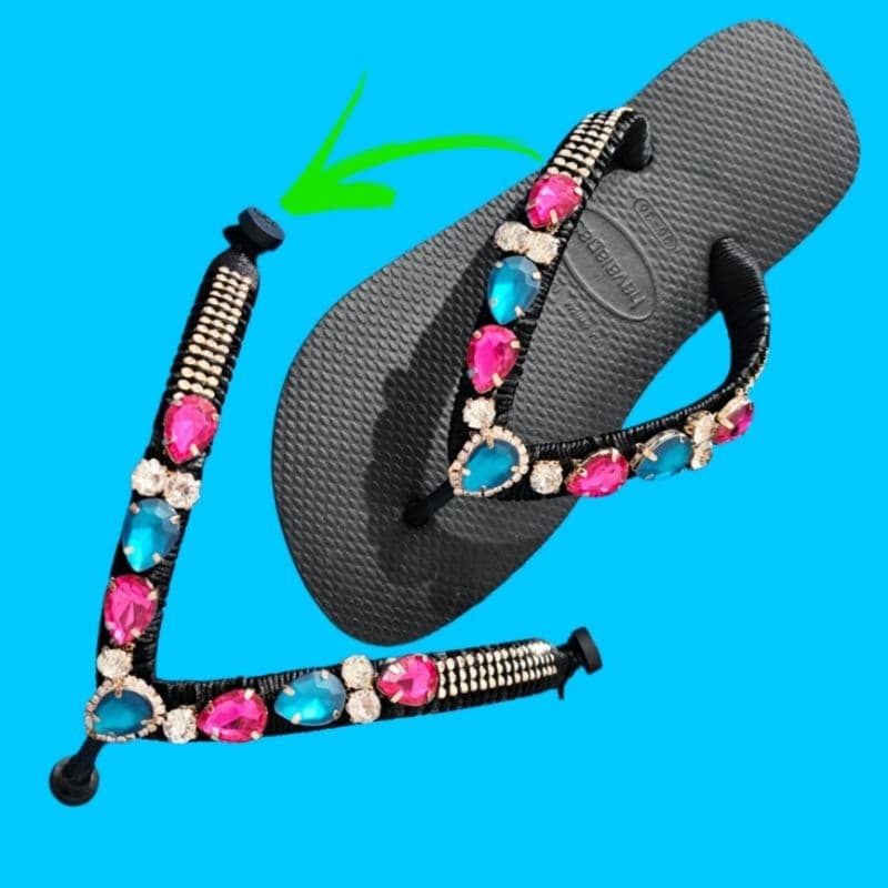 Correia tradicional customizada com Cabedal azul e rosa  para chinelos top