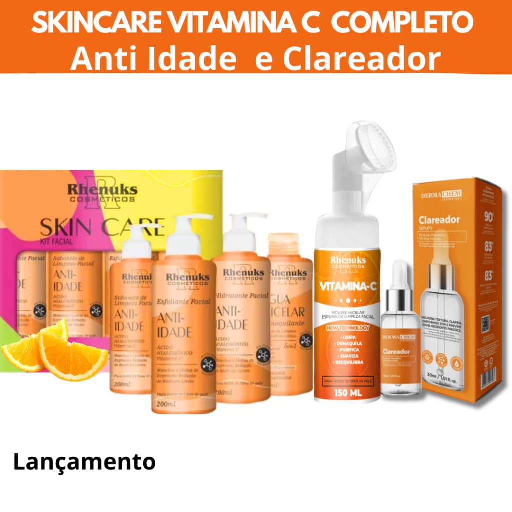 Skincare Vitamina C Anti Idade Clareador Rhenuks + Mousse Micelar Vitamina C Rhenuks ou  Facebeautiful Lovely + Sérum Clareador Dermachem