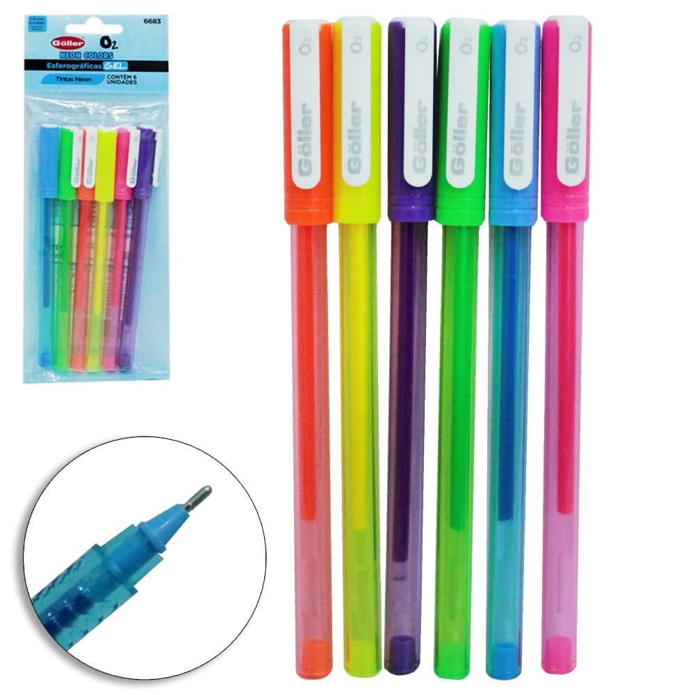 Caneta Esferográfica Gel Neon Colors 1.0mm Escrita Média com 6 Peças