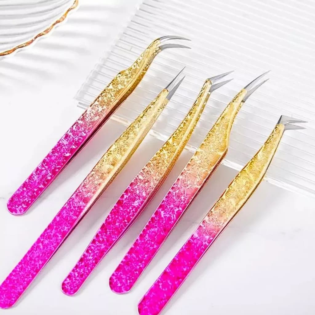 Pinça De Precisão Design Cílios Sobrancelha Profissional Rosa e Dourada Lash Design Extensão de Cílios