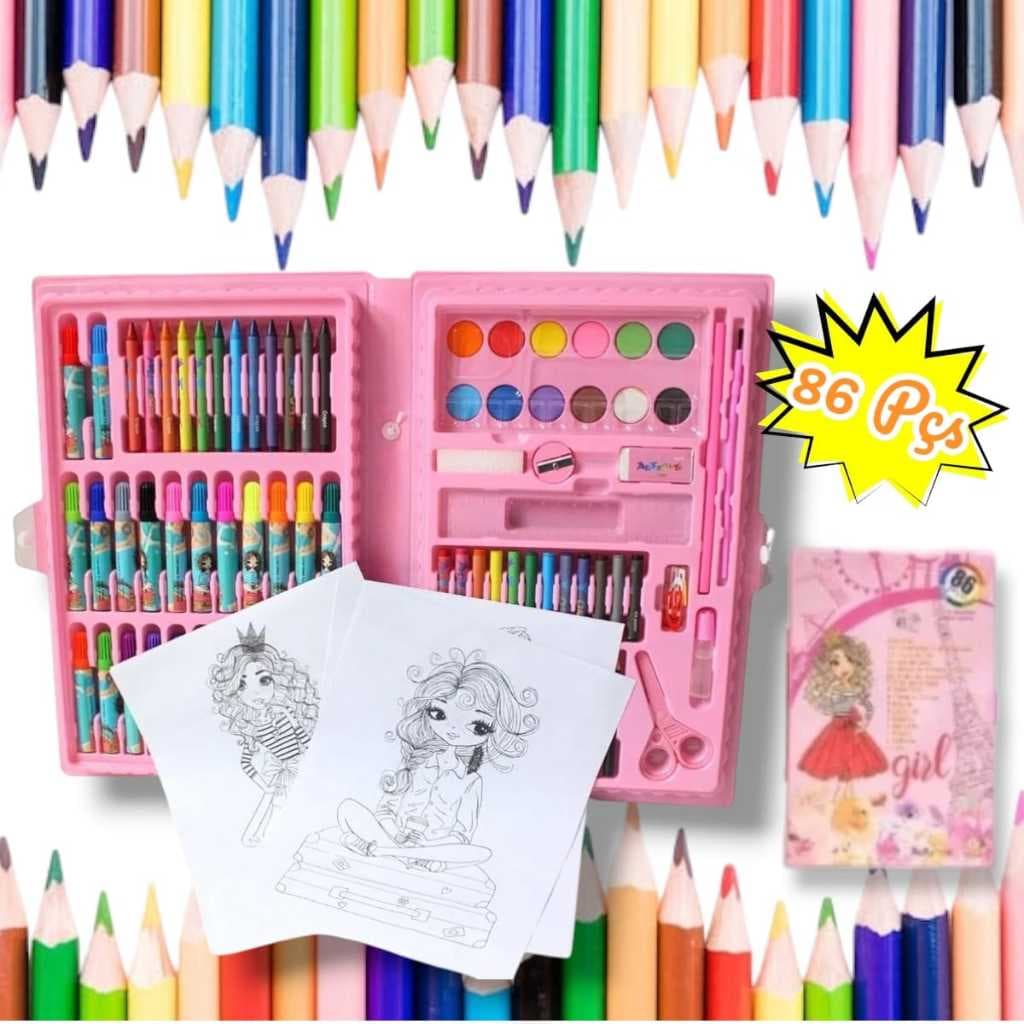 Estojo Escolar Infantil Juvenil Maleta De Pintura 86 Peças Menina Volta as Aulas Promoção